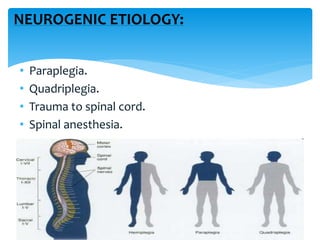 NEUROGENIC ETIOLOGY:
• Paraplegia.
• Quadriplegia.
• Trauma to spinal cord.
• Spinal anesthesia.
 
