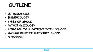 • INTRODUCTION
• EPIDEMIOLOGY
• TYPES OF SHOCK
• PATHOPHYSIOLOGY
• APPROACH TO A PATIENT WITH SCHOCK
• MANAGEMENT OF PEDIATRIC SHOCK
• PROGNOSIS
OUTLINE
Shock
 