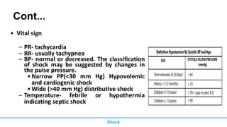 Cont...
• Vital sign
– PR- tachycardia
– RR- usually tachypnea
– BP- normal or decreased. The classification
of shock may be suggested by changes in
the pulse pressure.
•Narrow PP(<30 mm Hg) Hypovolemic
and cardiogenic shock
•Wide (>40 mm Hg) distributive shock
– Temperature- febrile or hypothermia
indicating septic shock
Shock
 