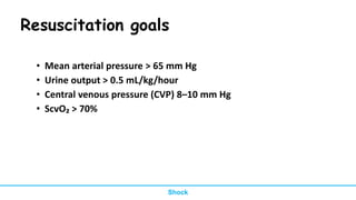Resuscitation goals
• Mean arterial pressure > 65 mm Hg
• Urine output > 0.5 mL/kg/hour
• Central venous pressure (CVP) 8–10 mm Hg
• ScvO₂ > 70%
Shock
 