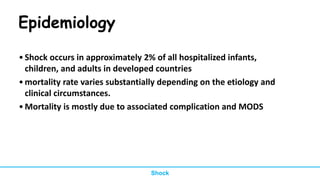 Epidemiology
•Shock occurs in approximately 2% of all hospitalized infants,
children, and adults in developed countries
•mortality rate varies substantially depending on the etiology and
clinical circumstances.
•Mortality is mostly due to associated complication and MODS
Shock
 