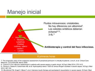 Manejo inicial
7. The prognostic value of the subjective assessment of peripheral perfusion in critically ill patients. Lima A, et al. Critical Care
Medicine. 37(3):934-938, March 2009.
8.- Caironi P, et al. Albumin replacement in patients with severe sepsis or septic shock. N Engl J Med 2014; 370:1412.
9.- Perner A, Haase N, Guttormsen AB, et al. Hydroxyethyl starch 130/0.42 versus Ringer's acetate in severe sepsis. N Engl J Med
2012; 367:124.
10.-Brunkhorst FM, Engel C, Bloos F, et al. Intensive insulin therapy and pentastarch resuscitation in severe sepsis. N Engl J Med
• Hipotensión.
• Medidas
subjetivas
(frialdad
cutánea, relleno
capilar)7.
• Lactato
>4mmol/L
Fluidos intravenosos: cristaloides.
No hay diferencia con albúmina8.
Los coloides sintéticos deberían
evitarse9,10.
3-5L11
Antibioterapia y control del foco infeccioso.
6 primeras horas
 