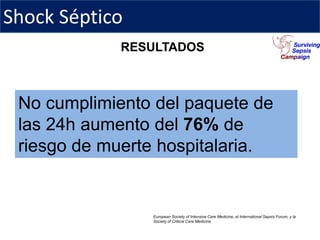 Shock Séptico
             RESULTADOS



 No cumplimiento del paquete de
 las 24h aumento del 76% de
 riesgo de muerte hospitalaria.


                European Society of Intensive Care Medicine, el International Sepsis Forum, y la
                Society of Critical Care Medicine
 