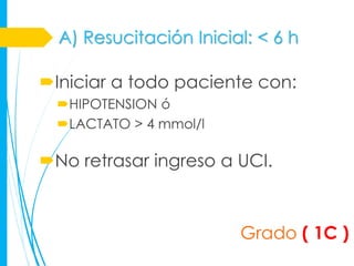 A) Resucitación Inicial: < 6 h

Iniciar a todo paciente con:
  HIPOTENSION ó
  LACTATO > 4 mmol/l

No retrasar ingreso a UCI.



                        Grado ( 1C )
 