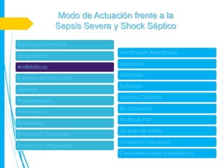 Modo de Actuación frente a la
               Sepsis Severa y Shock Séptico

Resucitación inicial
                              Ventilación Mecánica
Diagnóstico
                              Sedación
Antibióticos
                              Glicemia
Fuentes de infección
                              Nutrición
Líquidos
                              Soporte Dialítico
Vasopresores
                              Bicarbonato
Inotrópicos
                              Profilaxis TVP
Esteroides
                              Ulceras de estrés
Proteína C activada
                              Limitación esfuerzos
Productos sanguíneos
                              Consideraciones pediátricas
 