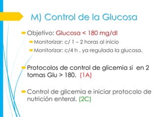 M) Control de la Glucosa
Objetivo: Glucosa < 180 mg/dl
  Monitorizar: c/ 1 – 2 horas al inicio
  Monitorizar: c/4 h , ya regulada la glucosa.


Protocolos de control de glicemia si en 2
 tomas Glu > 180. (1A)

Control de glicemia e iniciar protocolo de
 nutrición enteral. (2C)
 