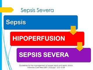 Sepsis Severa

Sepsis

 HIPOPERFUSION

   SEPSIS SEVERA
    Guidelines for the management of severe sepsis and septic shock.
              Intensive Care Med 2001; 27(Suppl 1):S1–S134
 