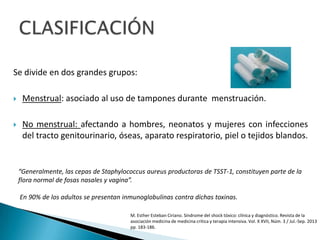 Se divide en dos grandes grupos:
 Menstrual: asociado al uso de tampones durante menstruación.
 No menstrual: afectando a hombres, neonatos y mujeres con infecciones
del tracto genitourinario, óseas, aparato respiratorio, piel o tejidos blandos.
“Generalmente, las cepas de Staphylococcus aureus productoras de TSST-1, constituyen parte de la
flora normal de fosas nasales y vagina”.
En 90% de los adultos se presentan inmunoglobulinas contra dichas toxinas.
M. Esther Esteban Ciriano. Síndrome del shock tóxico: clínica y diagnóstico. Revista de la
asociación medicina de medicina critica y terapia intensiva. Vol. X XVII, Núm. 3 / Jul.-Sep. 2013
pp. 183-186.
 