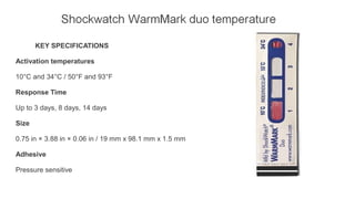 KEY SPECIFICATIONS
Activation temperatures
10°C and 34°C / 50°F and 93°F
Response Time
Up to 3 days, 8 days, 14 days
Size
0.75 in × 3.88 in × 0.06 in / 19 mm x 98.1 mm x 1.5 mm
Adhesive
Pressure sensitive
 