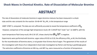 Shock Waves in Chemical Kinetics. Rate of Dissociation of Molecular Bromine
ABSTRACT
10
The rate of dissociation of molecular bromine in argon-bromine mixtures has been measured in a shock
tube and the rate constants for the reaction Br+Br+M ~Br2+M , in the temperature range
1400°-2700° K, computed. The data are not sufficiently accurate to reveal the temperature coefficient of kR.
However, comparison of the average high temperature result, kR =3.4X108 Iiter2 mole-2 sec-1 at 1600°K, with the
room temperature flash lamp result, kR=2.5X 109, shows clearly that dkR/dT is negative.
Experiments were performed with bromine: argon ratios of 0.01 to 0.10; the efficiency of Br2 as M, the third body
for the recombination of bromine atoms, is not greater than 8 times that of argon. The agreement of the results of
this investigation with those of an independent shock tube investigation by Palmer and Hornig is gratifyingly good.
The extinction coefficients of bromine at 436 mμ, and 487 mμ, were measured as a function of temperature.
 