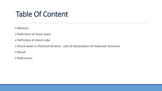 Table Of Content
Abstract
Definition of shock wave
Definition of shock tube
Shock wave in chemical Kinetics . rate of dissociation of molecular bromine
Result
References
3
 