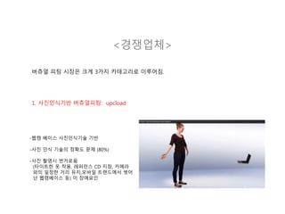 <경쟁업체>
버츄얼 피팅 시장은 크게 3가지 카테고리로 이루어짐.
1. 사진인식기반 버츄얼피팅: upcload
-웹캠 베이스 사진인식기술 기반
-사진 인식 기술의 정확도 문제 (80%)
-사진 촬영시 번거로움
(타이트한 옷 착용, 레퍼런스 CD 지참, 카메라
와의 일정한 거리 유지,모바일 트랜드에서 벗어
난 웹캠베이스 등) 이 장애요인
 