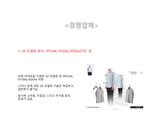 <경쟁업체>
2. 3D 모델링 방식: FITS.ME, PHISIX, FITIQUETTE 등
-로봇 마네킹을 이용한 3D 모델링 및 VIRTUAL
FITTING ROOM 지향
-그러나 옷에 대한 3D 모델링 기술은 복잡하고,
일반화가 불가능
-동시에 고비용, 이질감, 느리고 무거움 등의
문제가 있음.
 
