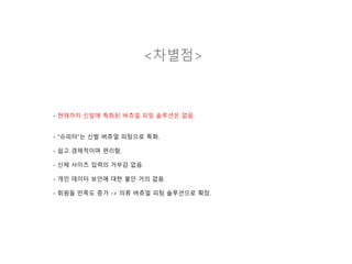 <차별점>
- 현재까지 신발에 특화된 버츄얼 피팅 솔루션은 없음.
- “슈피터”는 신발 버츄얼 피팅으로 특화.
- 쉽고 경제적이며 편리함.
- 신체 사이즈 입력의 거부감 없음.
- 개인 데이터 보안에 대한 불안 거의 없음.
- 회원들 만족도 증가 -> 의류 버츄얼 피팅 솔루션으로 확장.
 