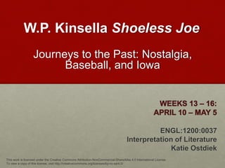 W.P. Kinsella Shoeless Joe
ENGL:1200:0037
Interpretation of Literature
Katie Ostdiek
Journeys to the Past: Nostalgia,
Baseball, and Iowa
This work is licensed under the Creative Commons Attribution-NonCommercial-ShareAlike 4.0 International License.
To view a copy of this license, visit http://creativecommons.org/licenses/by-nc-sa/4.0/
 