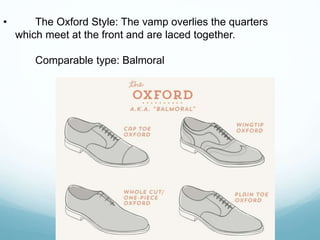 • The Oxford Style: The vamp overlies the quarters
which meet at the front and are laced together.
Comparable type: Balmoral
 