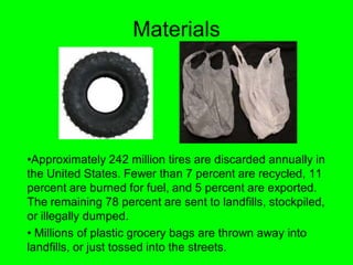 Materials




•Approximately 242 million tires are discarded annually in
the United States. Fewer than 7 percent are recycled, 11
percent are burned for fuel, and 5 percent are exported.
The remaining 78 percent are sent to landfills, stockpiled,
or illegally dumped.
• Millions of plastic grocery bags are thrown away into
landfills, or just tossed into the streets.
 