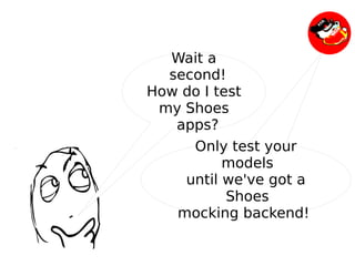Wait a
      second!
    How do I test
     my Shoes
       apps?
          Only test your
               models
         until we've got a
               Shoes
        mocking backend!

         
 