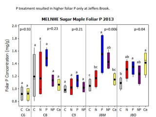 C6 C8 C9 JBM JBO
p=0.04p=0.006p=0.21p=0.23p=0.93
b
ab
ab
a
a
a
ab
c
bc
bc
a
a
a
a
a
a
a
a
a
a
a
P treatment resulted in higher foliar P only at Jeffers Brook.
 