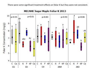 C6 C8 C9 JBM JBO
p=0.06p=0.93p=0.83p=0.01p=0.55
ab
a
ab
ab
b
a
a
a
a
a
a a
a
a
a
ab
cabc bc
a
a
There were some significant treatment effects on foliar K but they were not consistent.
 