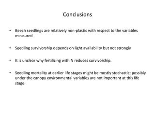 Conclusions
• Beech seedlings are relatively non-plastic with respect to the variables
measured
• Seedling survivorship depends on light availability but not strongly
• It is unclear why fertilizing with N reduces survivorship.
• Seedling mortality at earlier life stages might be mostly stochastic; possibly
under the canopy environmental variables are not important at this life
stage
 