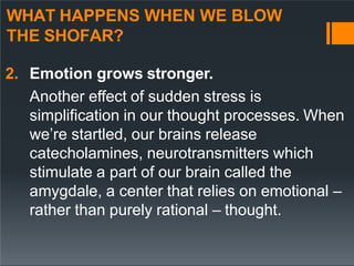 WHAT HAPPENS WHEN WE BLOW
THE SHOFAR?
2. Emotion grows stronger.
Another effect of sudden stress is
simplification in our thought processes. When
we’re startled, our brains release
catecholamines, neurotransmitters which
stimulate a part of our brain called the
amygdale, a center that relies on emotional –
rather than purely rational – thought.
 