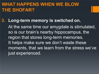 WHAT HAPPENS WHEN WE BLOW
THE SHOFAR?
3. Long-term memory is switched on.
At the same time our amygdale is stimulated,
so is our brain’s nearby hippocampus, the
region that stores long-term memories.
It helps make sure we don’t waste these
moments, that we learn from the stress we’ve
just experienced.
 
