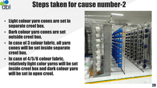 Steps taken for cause number-2
• Light colour yarn cones are set in
separate creel box.
• Dark colour yarn cones are set
outside creel box.
• In case of 3 colour fabric, all yarn
cones will be set inside separate
creel box.
• In case of 4/5/6 colour fabric,
relatively light color yarns will be set
inside creel box and dark colour yarn
will be set in open creel.
29
 