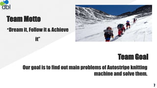 “Dream it, Follow it & Achieve
it”
Team Motto
Team Goal
Our goal is to find out main problems of Autostripe knitting
machine and solve them.
7
 