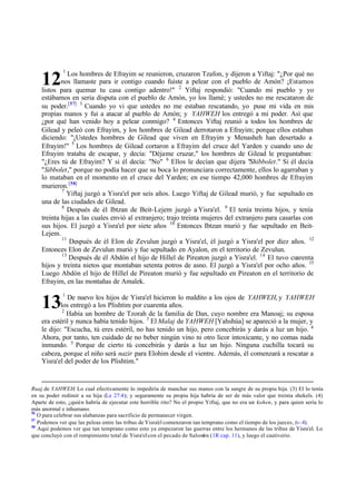 12

1

13

1

Los hombres de Efrayim se reunieron, cruzaron Tzafon, y dijeron a Yiftaj: "¿Por qué no
nos llamaste para ir contigo cuando fuiste a pelear con el pueblo de Amón? ¡Estamos
listos para quemar tu casa contigo adentro!" 2 Yiftaj respondió: "Cuando mi pueblo y yo
estábamos en seria disputa con el pueblo de Amón, yo los llamé; y ustedes no me rescataron de
su poder.[57] 3 Cuando yo vi que ustedes no me estaban rescatando, yo puse mi vida en mis
propias manos y fui a atacar al pueblo de Amón; y YAHWEH los entregó a mi poder. Así que
¿por qué han venido hoy a pelear conmigo? 4 Entonces Yiftaj reunió a todos los hombres de
Gilead y peleó con Efrayim, y los hombres de Gilead derrotaron a Efrayim; porque ellos estaban
diciendo: "¡Ustedes hombres de Gilead que viven en Efrayim y Menasheh han desertado a
Efrayim!" 5 Los hombres de Gilead cortaron a Efrayim del cruce del Yarden y cuando uno de
Efrayim trataba de escapar, y decía: "Déjame cruzar," los hombres de Gilead le preguntaban:
"¿Eres tú de Efrayim? Y si él decía: "No" 6 Ellos le decían que dijera "Shibbolet." Si él decía
"Sibbolet," porque no podía hacer que su boca lo pronunciara correctamente, ellos lo agarraban y
lo mataban en el momento en el cruce del Yarden; en ese tiempo 42,000 hombres de Efrayim
murieron. [58]
7
Yiftaj juzgó a Yisra'el por seis años. Luego Yiftaj de Gilead murió, y fue sepultado en
una de las ciudades de Gilead.
8
Después de él Ibtzan de Beit-Lejem juzgó a Yisra'el. 9 El tenía treinta hijos, y tenía
treinta hijas a las cuales envió al extranjero; trajo treinta mujeres del extranjero para casarlas con
sus hijos. El juzgó a Yisra'el por siete años 10 Entonces Ibtzan murió y fue sepultado en BeitLejem.
11
Después de él Elon de Zevulun juzgó a Yisra'el, él juzgó a Yisra'el por diez años. 12
Entonces Elon de Zevulun murió y fue sepultado en Ayalon, en el territorio de Zevulun.
13
Después de él Abdón el hijo de Hillel de Pireaton juzgó a Yisra'el. 14 El tuvo cuarenta
hijos y treinta nietos que montaban setenta potros de asno. El juzgó a Yisra'el por ocho años. 15
Luego Abdón el hijo de Hillel de Pireaton murió y fue sepultado en Pireaton en el territorio de
Efrayim, en las montañas de Amalek.
De nuevo los hijos de Yisra'el hicieron lo maldito a los ojos de YAHWEH, y YAHWEH
los entregó a los Plishtim por cuarenta años.
2
Había un hombre de Tzorah de la familia de Dan, cuyo nombre era Manoaj; su esposa
era estéril y nunca había tenido hijos. 3 El Malaj de YAHWEH [Yahshúa] se apareció a la mujer, y
le dijo: "Escucha, tú eres estéril, no has tenido un hijo, pero concebirás y darás a luz un hijo. 4
Ahora, por tanto, ten cuidado de no beber ningún vino ni otro licor intoxicante, y no comas nada
inmundo. 5 Porque de cierto tú concebirás y darás a luz un hijo. Ninguna cuchilla tocará su
cabeza, porque el niño será nazir para Elohim desde el vientre. Además, él comenzará a rescatar a
Yisra'el del poder de los Plishtim."

Ruaj de YAHWEH. Lo cual efectivamente lo impediría de manchar sus manos con la sangre de su propia hija. (3) El lo tenía
en su poder redimir a su hija (Le 27:4); y seguramente su propia hija habría de ser de más valor que treinta shekels. (4)
Aparte de esto, ¿quién habría de ejecutar este horrible rito? No el propio Yiftaj, que no era un kohen, y para quien sería lo
más anormal e inhumano.
56
O para celebrar sus alabanzas para sacrificio de permanecer virgen.
57
Podemos ver que las peleas entre las tribus de Yisra'e l comenzaron tan temprano como el tiempo de los jueces, (v-4).
58
Aquí podemos ver que tan temprano como esto ya empezaron las guerras entre los hermanos de las tribus de Yisra'el. Lo
que concluyó con el rompimiento total de Yisra'el con el pecado de Salom (1R cap. 11), y luego el cautiverio.
ón

 