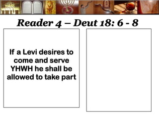 Reader 4 – Deut 18: 6 - 8 
If a Levi desires to come and serve YHWH he shall be allowed to take part 
 
