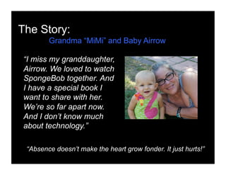 The Story:
Grandma “MiMi” and Baby Airrow
“I miss my granddaughter,
Airrow. We loved to watch
SpongeBob together. And
I have a special book I
want to share with her.
We’re so far apart now.
And I don’t know much
about technology.”
“Absence doesn’t make the heart grow fonder. It just hurts!”
 