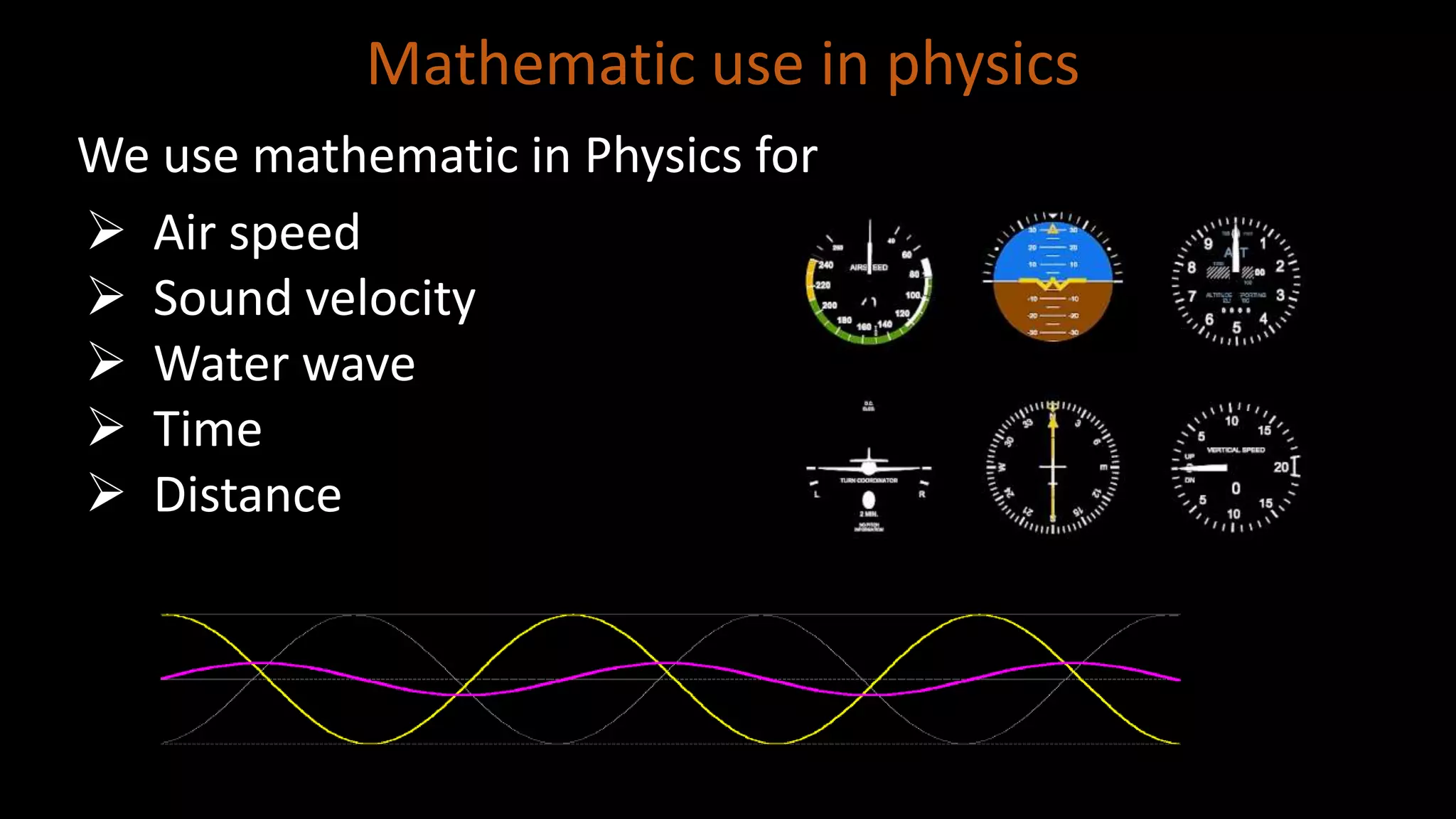 Mathematic use in physics
We use mathematic in Physics for
 Air speed
 Sound velocity
 Water wave
 Time
 Distance
 