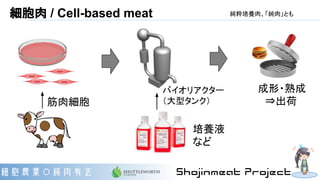 細胞肉 / Cell-based meat
筋肉細胞
バイオリアクター
（大型タンク）
培養液
など
成形・熟成
　⇒出荷
純粋培養肉、「純肉」とも
 
