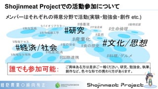 Shojinmeat Projectでの活動参加について
メンバーはそれぞれの得意分野で活動(実験・勉強会・創作 etc.)
誰でも参加可能： ご興味ある方は是非ご一報ください。研究、勉強会、執筆、
創作など、色々な形での携わり方があります。
 