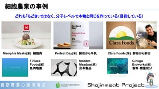 細胞農業の事例
Memphis Meats(米) 細胞肉 Perfect Day(米) 酵母から牛乳 Clara Foods(米) 酵母から卵白
どれも「もどき」ではなく、分子レベルで本物と同じを作っている（目指している）
Finless
Foods(米)
魚肉培養
Ginkgo
Bioworks(米)
香料･微量成分
Modern
Meadow(米)
皮革製品
 