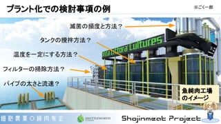 プラント化での検討事項の例
温度を一定にする方法？
タンクの攪拌方法？
パイプの太さと流速？
滅菌の頻度と方法？
フィルターの掃除方法？
魚純肉工場
のイメージ
※ごく一部
 