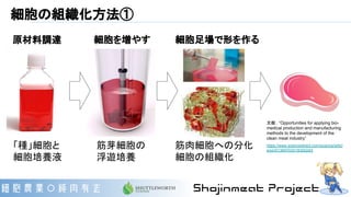 細胞の組織化方法①
「種」細胞と
細胞培養液
筋芽細胞の
浮遊培養
筋肉細胞への分化
細胞の組織化
細胞を増やす 細胞足場で形を作る原材料調達
文献： “Opportunities for applying bio-
medical production and manufacturing
methods to the development of the
clean meat industry”
https://www.sciencedirect.com/science/articl
e/pii/S1369703X1830024X
 