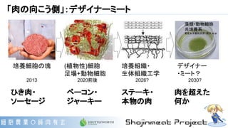 「肉の向こう側」：デザイナーミート
(植物性)細胞
足場+動物細胞
2020前後
培養細胞の塊
2013
培養組織・
生体組織工学
2026?
デザイナー
・ミート？
2030?
ひき肉・
ソーセージ
ベーコン・
ジャーキー
ステーキ・
本物の肉
肉を超えた
何か
藻類・動物細胞
共培養系
東京女子医科大学・原口 et al
 