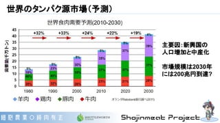 世界のタンパク源市場（予測）
主要因：新興国の
人口増加と中産化
市場規模は2030年
には200兆円到達?
 