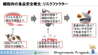 細胞肉の食品安全衛生：リスクファクター
BSEプリオン？
想定外の細胞？
ウイルス混入?
遺伝子組換え？
成長因子は安全？
培養液の中身は？
雑菌の増殖？
細胞が癌化？
代謝物は安全？
普通の肉に混入?
“きれいすぎる肉”
で免疫力低下？
肉食は健康的？
 