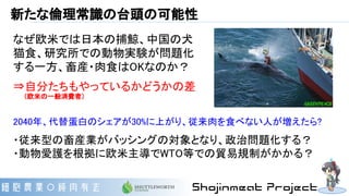 新たな倫理常識の台頭の可能性
2040年、代替蛋白のシェアが30%に上がり、従来肉を食べない人が増えたら?
・従来型の畜産業がバッシングの対象となり、政治問題化する？
・動物愛護を根拠に欧米主導でWTO等での貿易規制がかかる？
なぜ欧米では日本の捕鯨、中国の犬
猫食、研究所での動物実験が問題化
する一方、畜産・肉食はOKなのか？
⇒自分たちもやっているかどうかの差
（欧米の一般消費者）
 