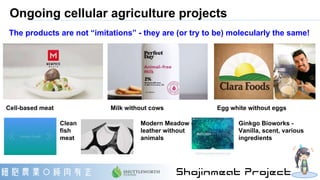 Ongoing cellular agriculture projects
Cell-based meat Milk without cows Egg white without eggs
The products are not “imita...