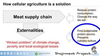 How cellular agriculture is a solution
1
2
Reduce protein
consumption.
Change the way
we eat.
Find sustainable
protein sou...