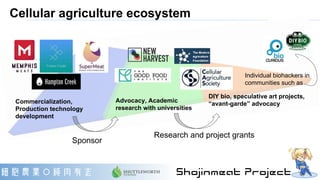 Cellular agriculture ecosystem
Advocacy, Academic
research with universities
DIY bio, speculative art projects,
“avant-gar...