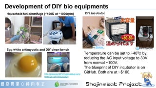 Development of DIY bio equipments
DIY incubator
Temperature can be set to ~40℃ by
reducing the AC input voltage to 30V
fro...