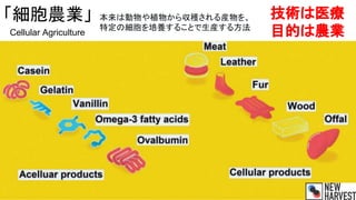 「細胞農業」
Cellular Agriculture
技術は医療
目的は農業
本来は動物や植物から収穫される産物を、
特定の細胞を培養することで生産する方法
 