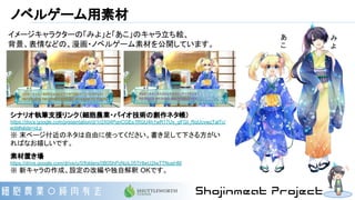 ノベルゲーム用素材
シナリオ執筆支援リンク（細胞農業・バイオ技術の創作ネタ帳）
https://docs.google.com/presentation/d/1r2X04PqnCGEs1RGU4h1wR17Uv_gFGI_RqUcvwzTalTc/
edit#slide=id.p
※ 末ページ付近のネタは自由に使ってください。書き足して下さる方がい
ればなお嬉しいです。
素材置き場
https://drive.google.com/drive/u/0/folders/0B0ShPzNziL05THlwU2IwTTNueHM
※ 新キャラの作成、設定の改編や独自解釈 OKです。
イメージキャラクターの「みよ」と「あこ」のキャラ立ち絵、
背景、表情などの、漫画・ノベルゲーム素材を公開しています。
み
よ
あ
こ
 