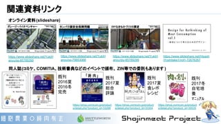関連資料リンク
https://www.slideshare.net/YukiH
anyu/ss-85789390
https://www.slideshare.net/YukiH
anyu/ss-79853068
https://www.slideshare.net/YukiH
anyu/diy-85789299
既刊
2016夏
2016冬
完売
既刊
2017夏
総合
評論
既刊
2017夏
食レポ
レシピ
既刊
2017冬
自宅培
養
ﾏﾆｭｱﾙ
https://shop.comiczin.jp/product
s/detail.php?product_id=33288
https://shop.comiczin.jp/product
s/detail.php?product_id=33304
https://shop.comiczin.jp/product
s/detail.php?product_id=35535
https://www.slideshare.net/Hisash
iYoshitake1/vol1-72676267
オンライン資料(slideshare)
同人誌(コミケ、COMITIA、技術書典などのイベントで頒布、 ZIN等での委託もあります )
 