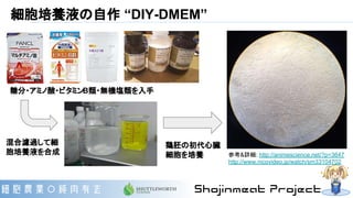 細胞培養液の自作 “DIY-DMEM”
糖分・アミノ酸・ビタミンB類・無機塩類を入手
混合濾過して細
胞培養液を合成
鶏胚の初代心臓
細胞を培養 参考&詳細: http://animescience.net/?p=3647
http://www.nicovideo.jp/watch/sm33104702
 